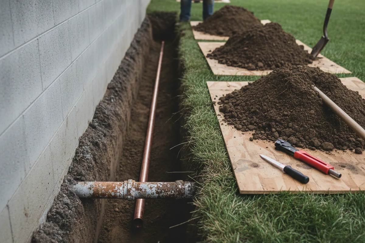 Excavated water line trench during Water Softener Installation in Cantrall